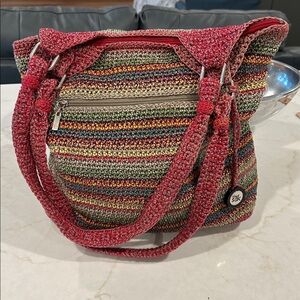 The Sak Crochet Multi Color Striped Shoulder Bag Tote‎ Zipper Closure